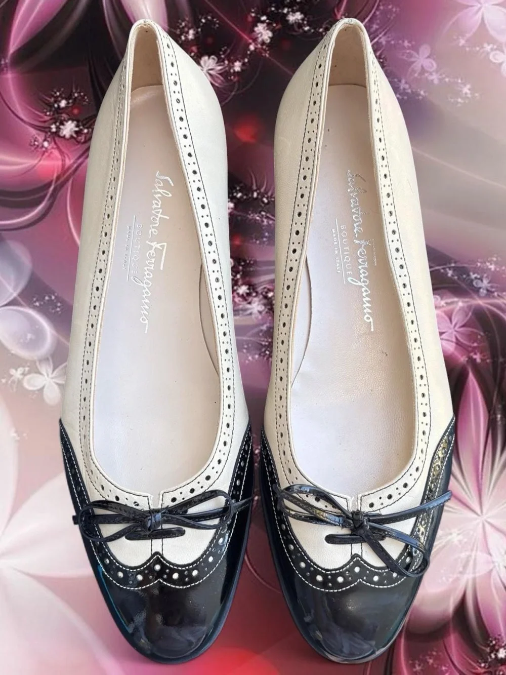 RARE vtg 90s Salvatore Ferragamo leather spectator brogue ballet flats, sz 7.5